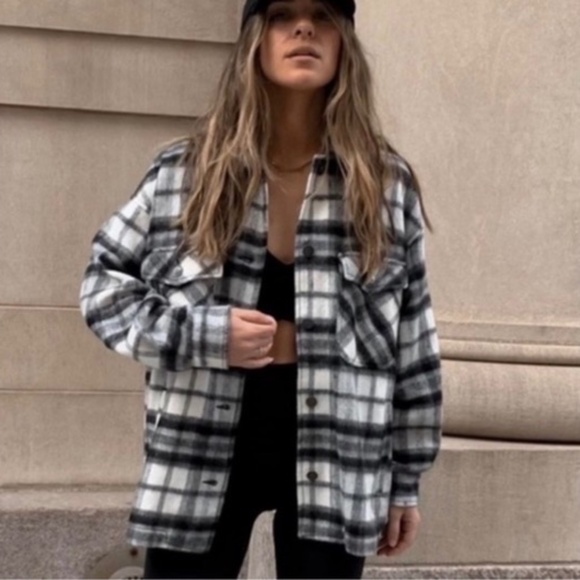 Zara Black and White Plaid Wool Blend Oversized Shirt Jacket M Comfy Shacket - Picture 9 of 9